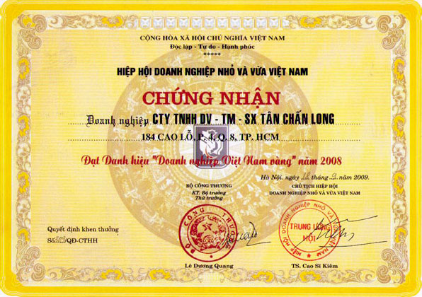 Tân Chấn Long đạt Doanh Nghiệp Vàng VN năm 2008